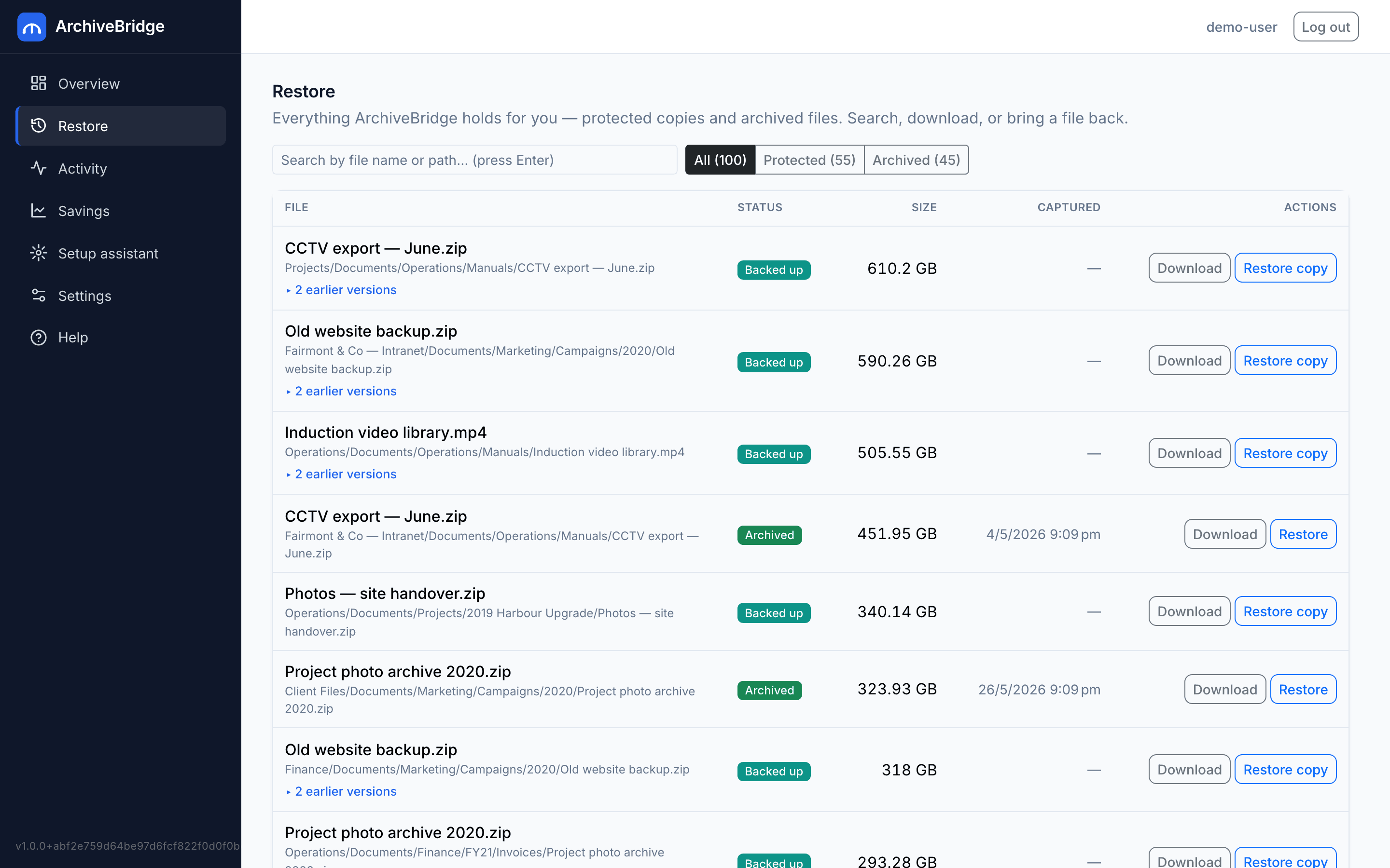 Restore — every protected and archived file, with version history and one-click recovery